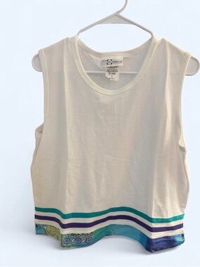 Vintage Marcia USA Made White Tank Top XL Teal Purple Stripe Floral Hem 90s
